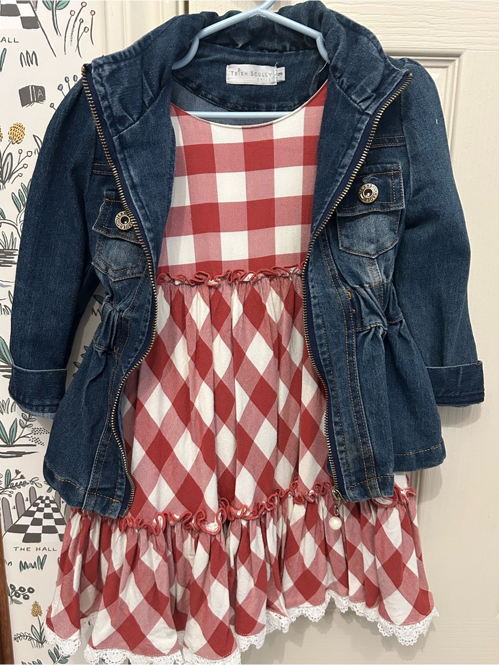 LN Matilda Jane gingham checkered plaid dress 4 w/ Trish Scully denim jacket